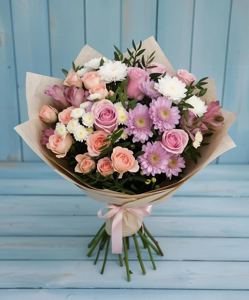 Букет цветов из: Хризантемы, Розы и Альстромерии в Стекольный