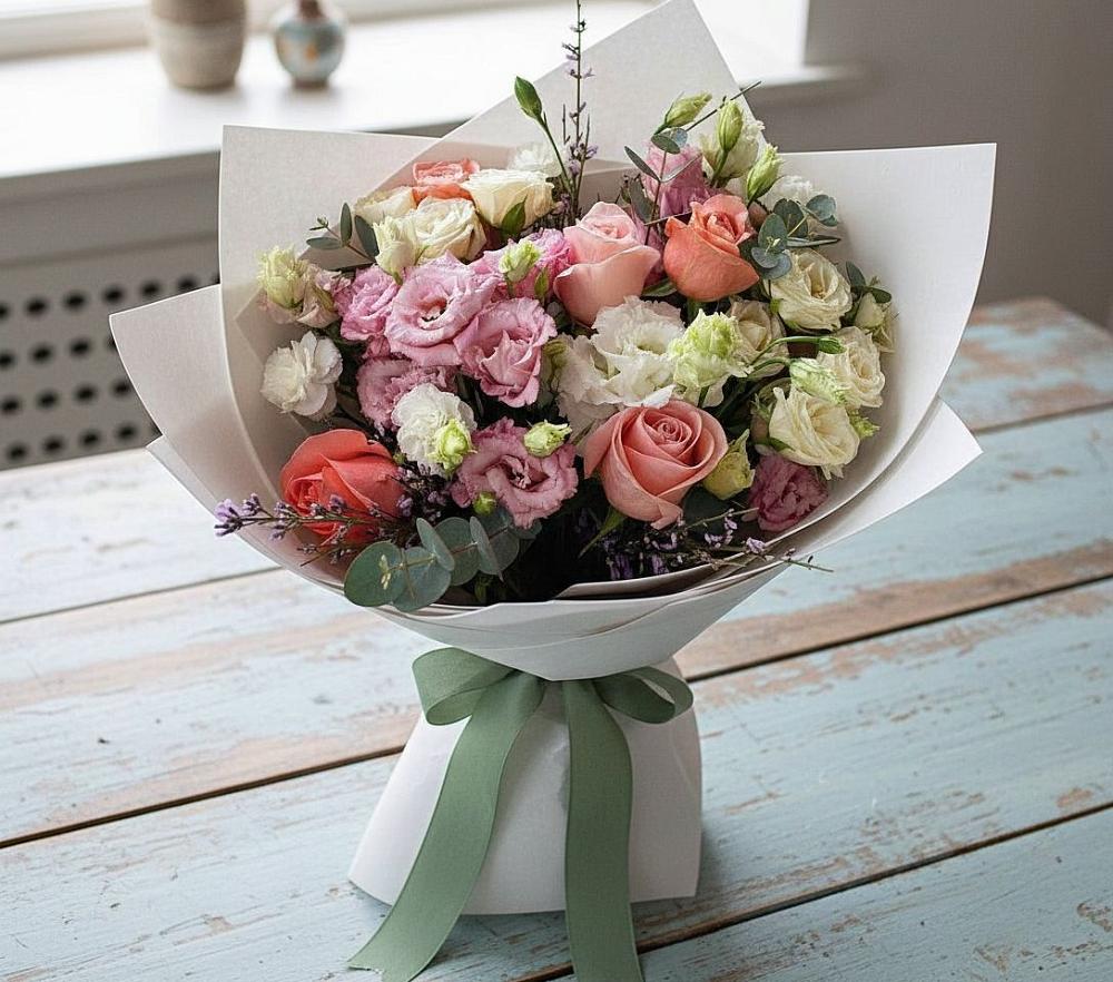 Букет цветов из: Розы, Лизиантусы и Гвоздики в Стекольный