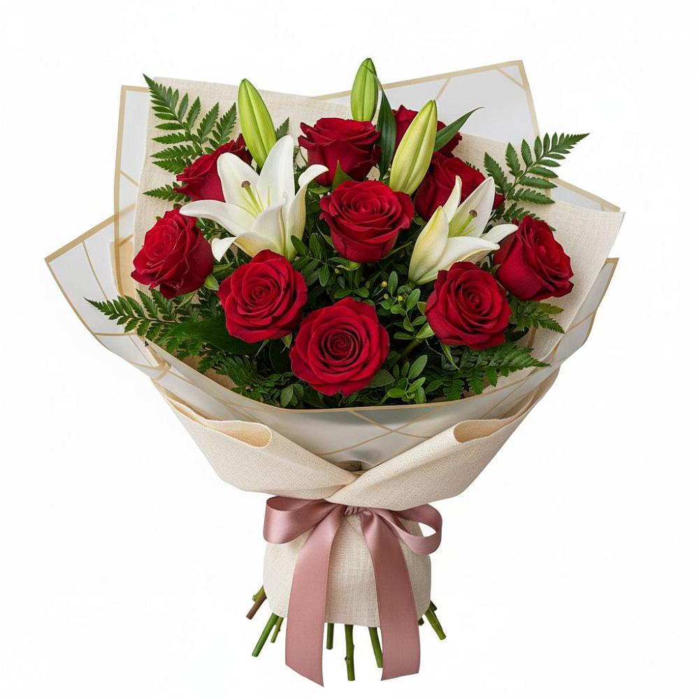 Букет цветов из: Лилии и Розы в Стекольный