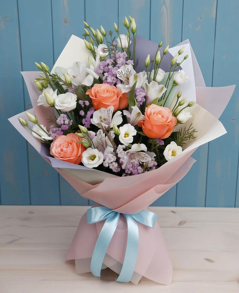 Букет цветов из: Лизиантусы, Розы, Альстромерии и Гипсофила в Стекольный