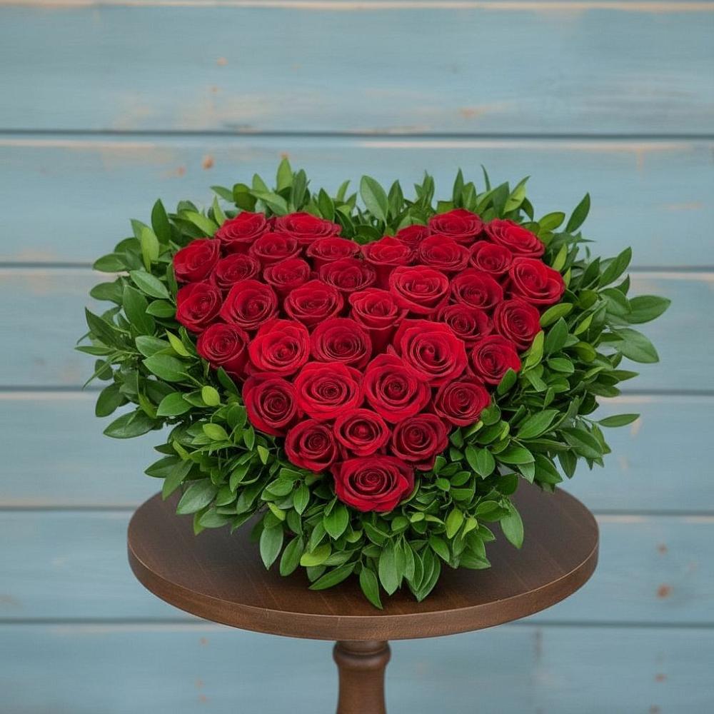 Цветочная композиция из Розы в виде сердца в Стекольный