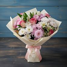 Букет цветов из:  Хризантемы, Альстромерии и Розы #REPLACE_PRED# Стекольный