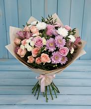 Букет цветов из:  Хризантемы, Розы и Альстромерии в Стекольный