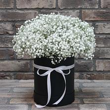 Цветочная композиция из Гипсофила в шляпной коробке в Стекольный