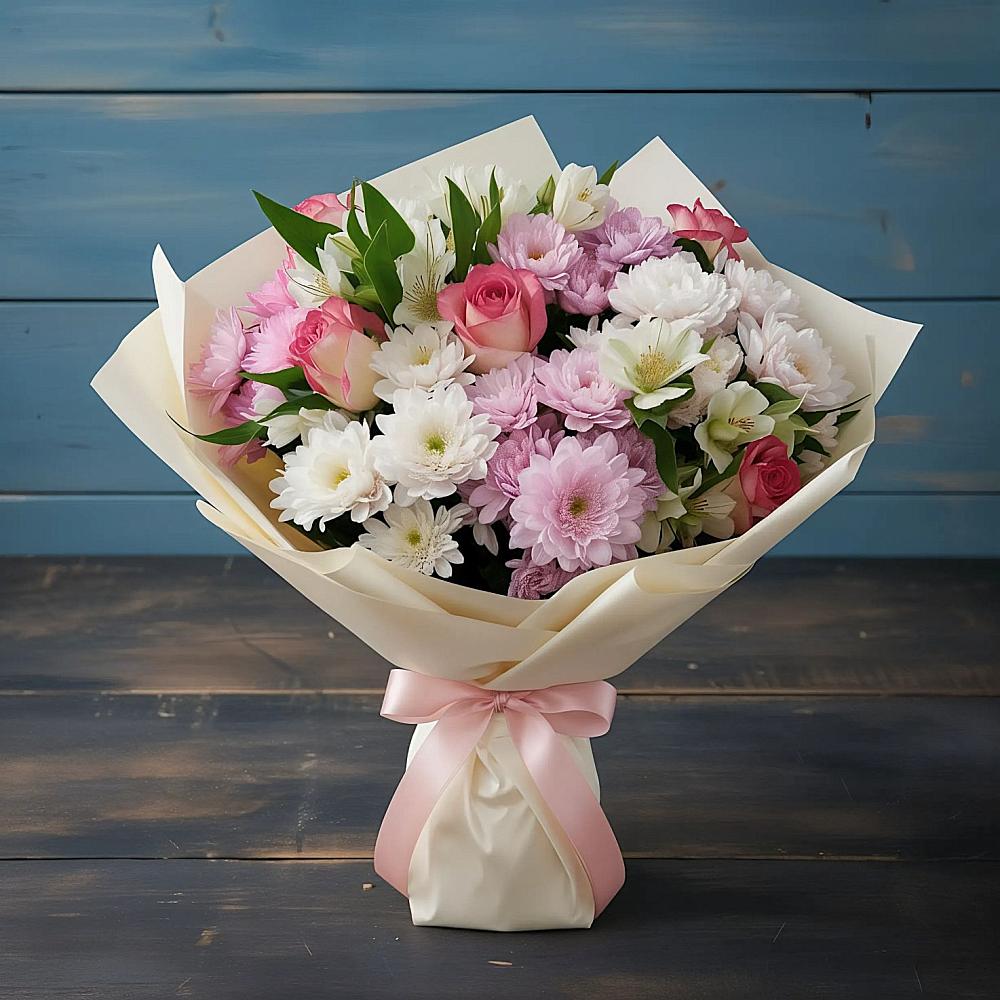 Букет цветов из: Хризантемы, Альстромерии и Розы в Стекольный